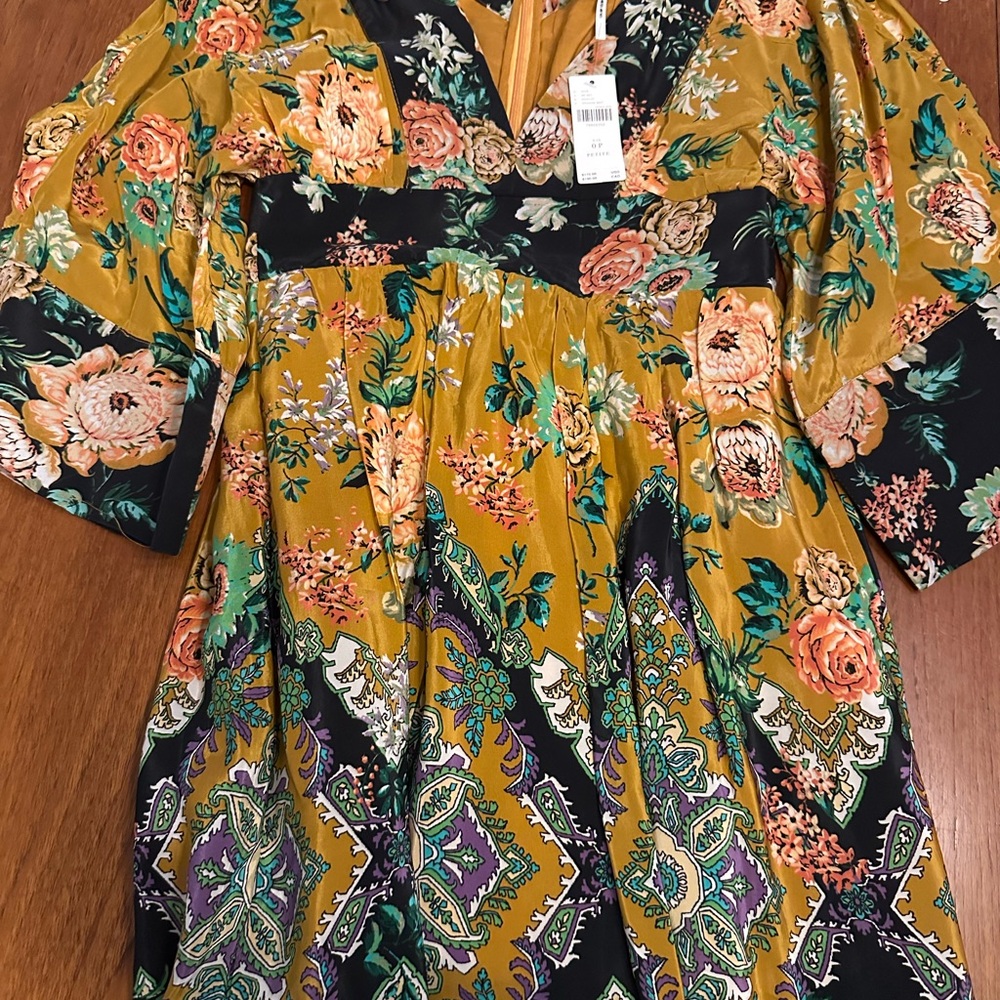 Anthropologie Mustard Floral V-Neck Tunic with Black & Teal Accents